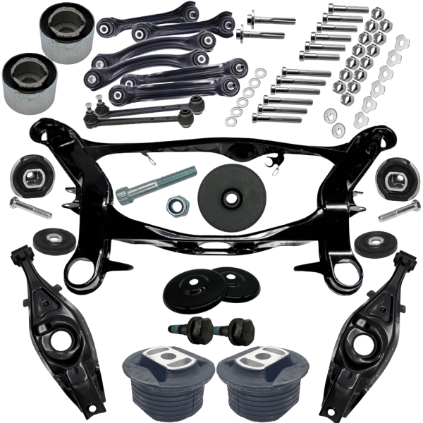Rear axle carrier set for vehicles with height adjustment (for Mercedes W124 E-Class)